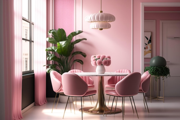 Una habitación rosa con una mesa redonda y una mesa dorada con sillas rosas.