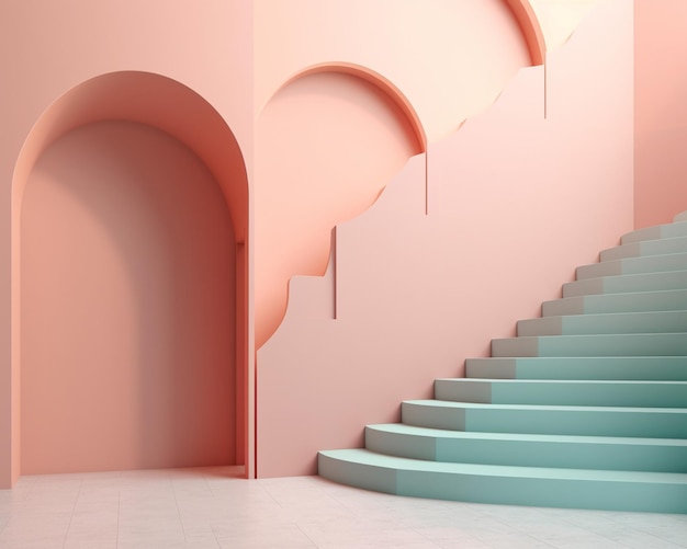 Una habitación rosa con una pared rosa y una escalera con un diseño azul y rosa.