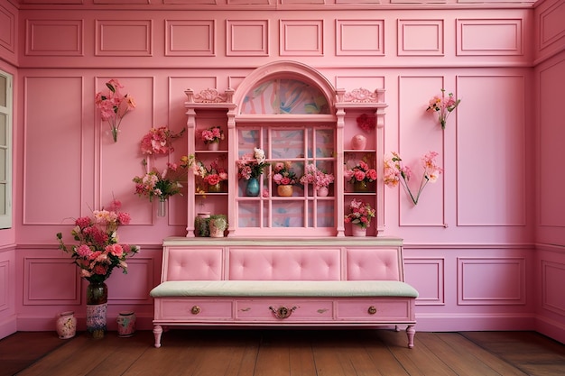 una habitación rosa con una pared rosa y un estante rosa con flores en él.