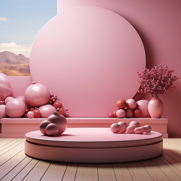 una habitación rosa con una pared rosa y una mesa redonda rosa con una mesa redondeada rosa y blanca