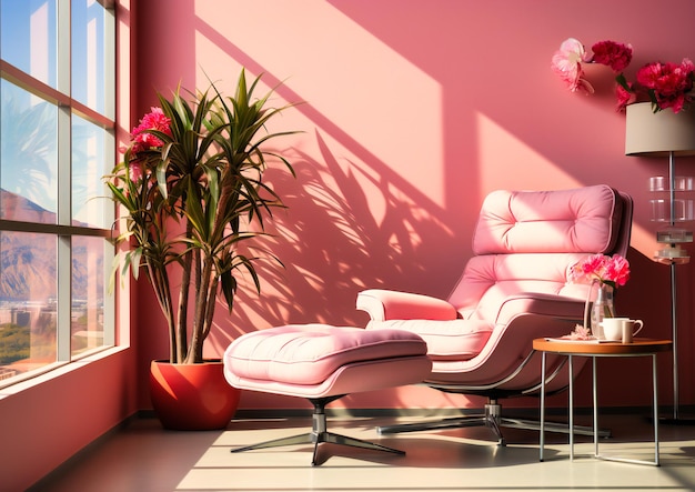 Habitación rosa con plantas con flores y silla en la habitación.