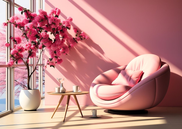 Foto habitación rosa con plantas con flores y silla en la habitación.