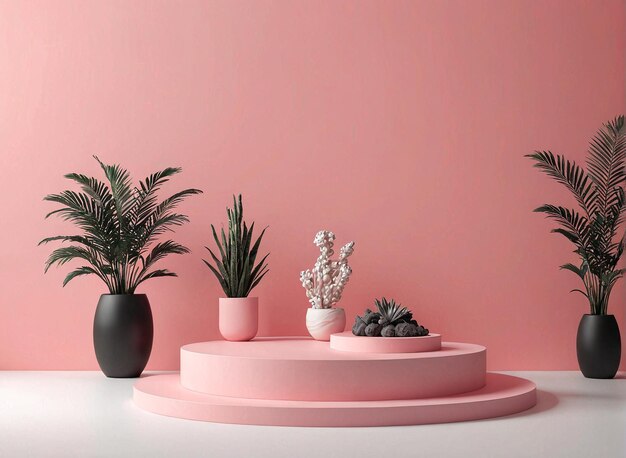 una habitación rosa con plantas en maceta y una planta en el suelo