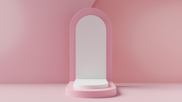 Una habitación rosa con un podio rosa y blanco en el suelo.