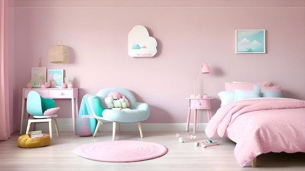 Una habitación rosa con una silla azul y rosa y una silla rosa con un pájaro azul en la pared.