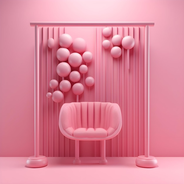 Una habitación rosa con una silla y globos en la pared.