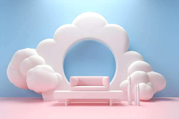 Una habitación rosa con un sofá blanco y una pared de nubes redonda