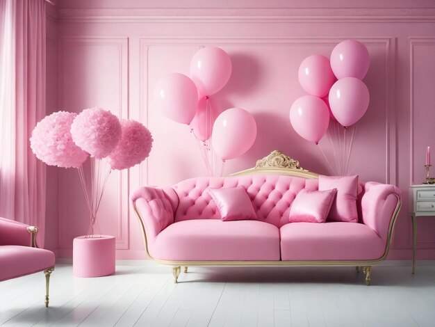 Una habitación rosa con un sofá y globos generados por ai.