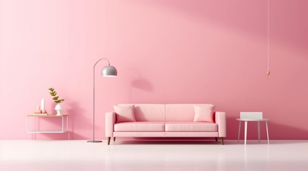 Una habitación rosa con un sofá y una lámpara.