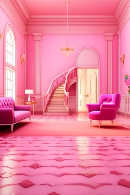 Una habitación rosa con un sofá rosa y una escalera.