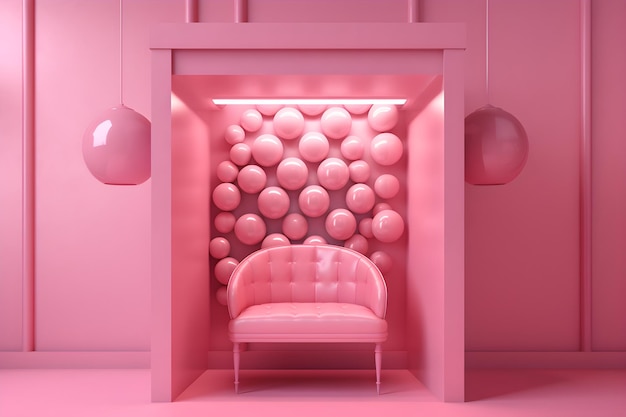 Una habitación rosa con un sofá rosa y una pared rosa con una pelota redonda.