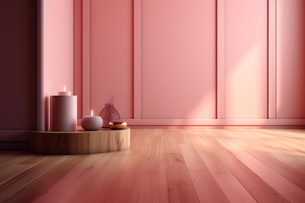 Habitación rosa con una vela en un estante de madera.