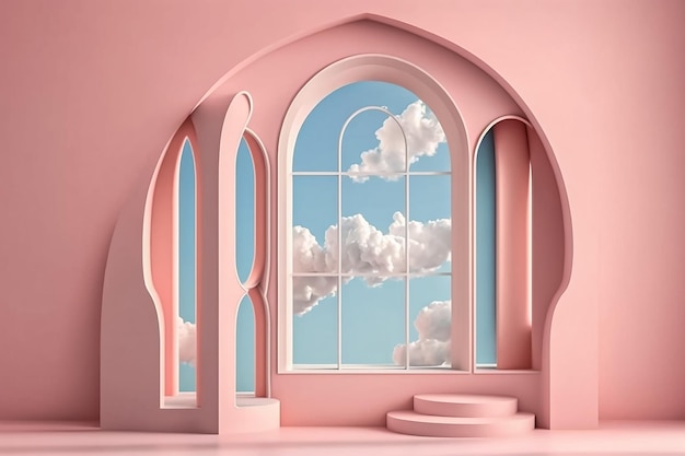 Una habitación rosa con una ventana, un cielo azul y nubes Generative Ai