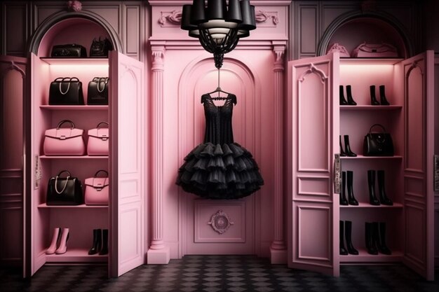 Una habitación rosa con un vestido negro colgando del techo y un bolso de chanel colgando del techo.