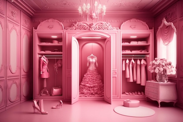 Una habitación rosa con un vestido en la puerta y un candelabro colgando del techo.