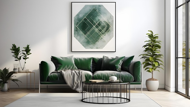 una habitación en una sala de estar con un sofá gris una hoja de eucalipto verde enmarcada