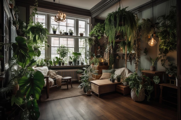 Una habitación serena llena de una variedad de plantas y follaje de interior.