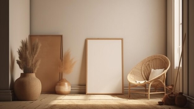 Una habitación con una silla y un cartel en la pared.