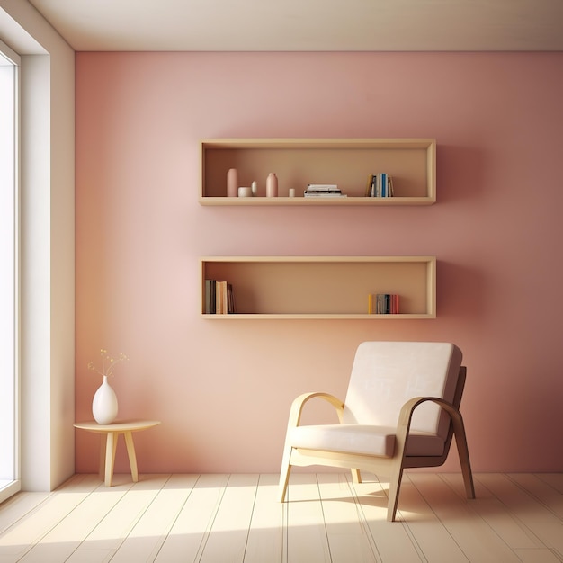 Una habitación con una silla y un estante con libros.