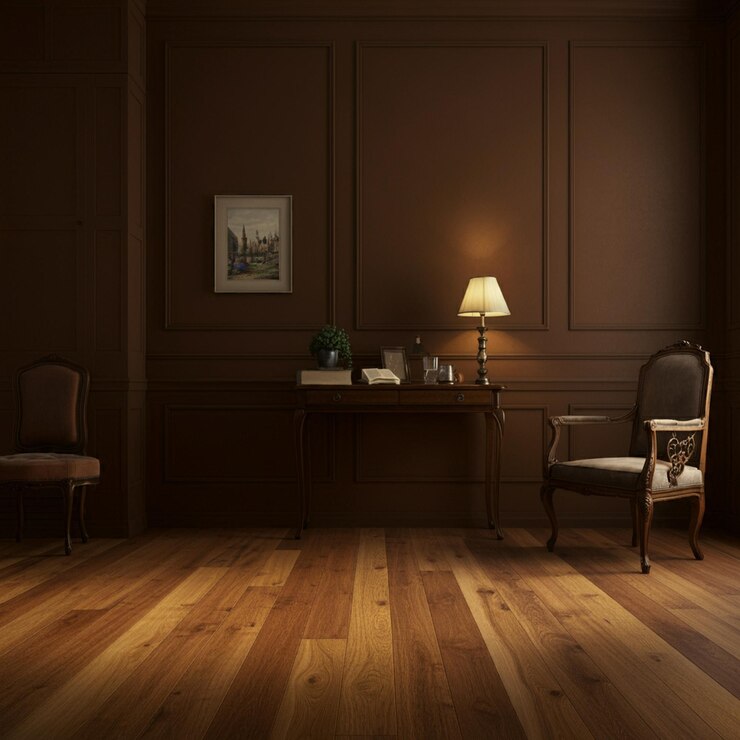 una habitación con una silla y una lámpara en un escritorio