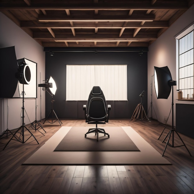 Foto una habitación con una silla y una luz en ella.