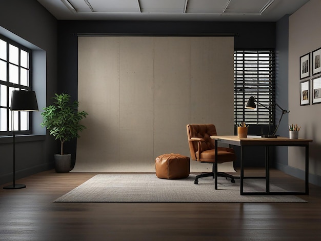 Foto una habitación con una silla y una mesa con una planta en ella