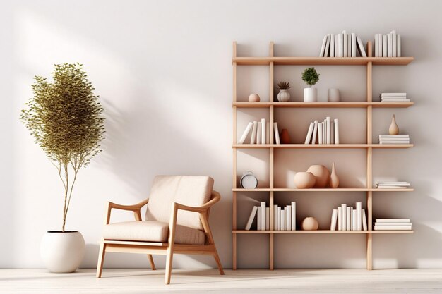 una habitación con una silla y una planta en la estantería.