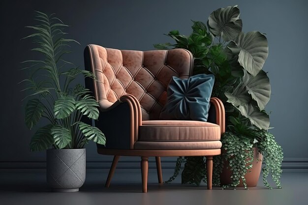 Una habitación con una silla y plantas en colores pastel La silla parece estar hecha de madera con un diseño simple y moderno IA generativa