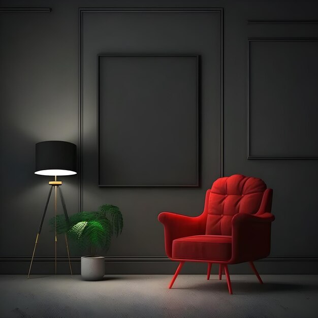 Una habitación con una silla roja y una lámpara en el suelo.