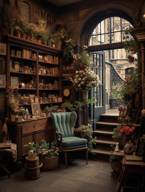 Una habitación con una silla verde y un estante de madera con flores.