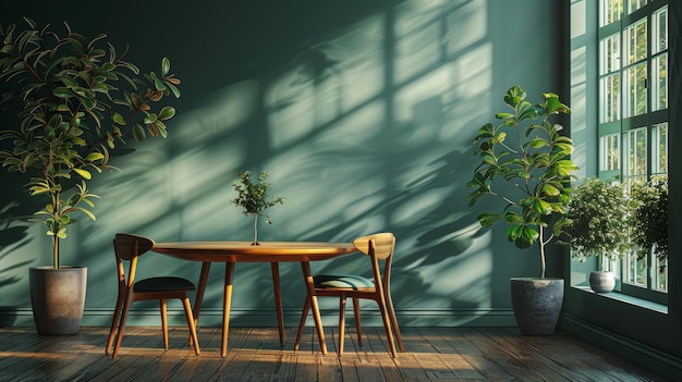 Habitación con sillas de mesa y plantas en maceta