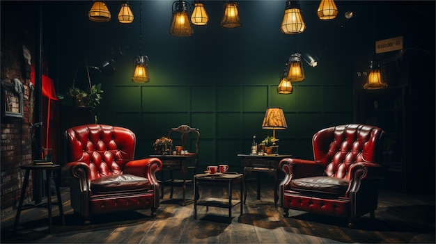 Una habitación con sillas rojas y una mesa con una planta en la pared