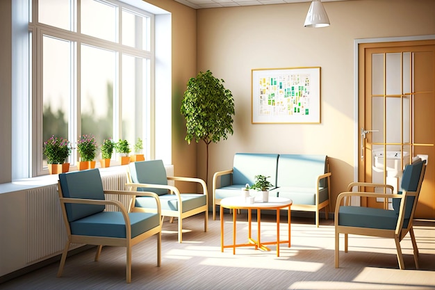 Habitación con sillas y sofá para pacientes en la recepción del hospital