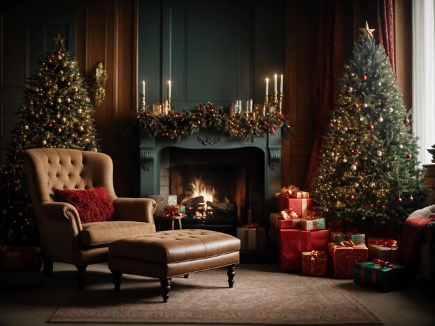 Habitación con sillón de chimenea y árbol cargado de regalos en tonos de madera natural