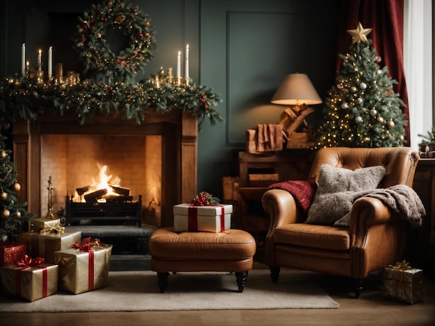 Habitación con sillón de chimenea y árbol cargado de regalos en tonos de madera natural