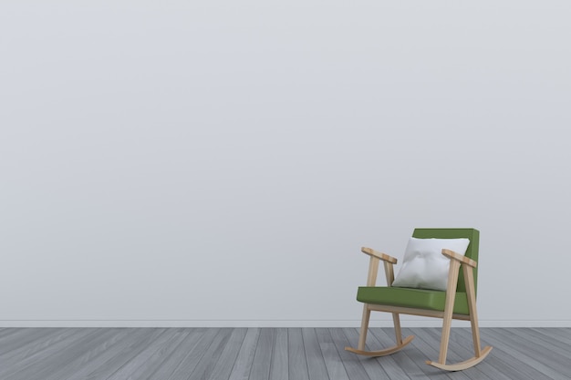Habitación con sillón verde sobre suelo de madera.