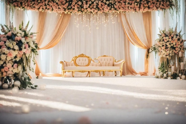una habitación con un sofá y un árbol con una guirlanda floral en él