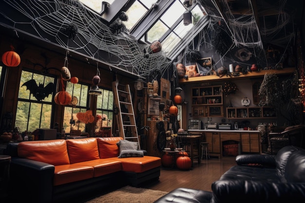 Una habitación con un sofá y cojines naranjas y una escalera en el techo.