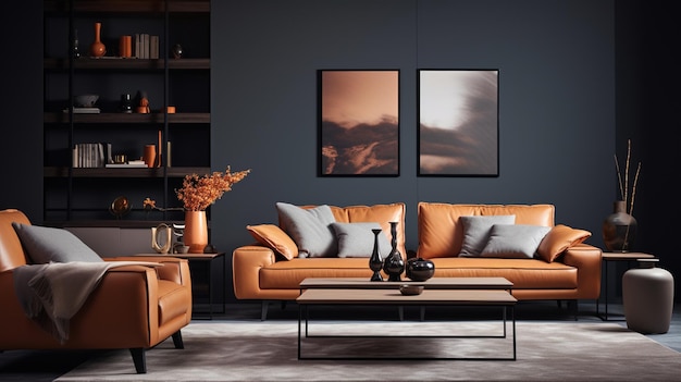 una habitación con un sofá de cuero ecológico marrón, cojines suaves y una manta blanca de punto
