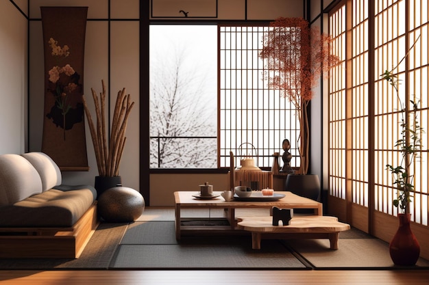 Una habitación con un sofá de estilo japonés y una mesa de madera.