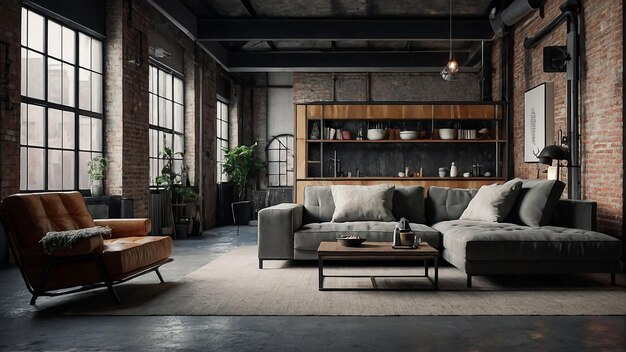 una habitación con un sofá una mesa de café y una planta en el estante fondo de diseño de interiores ai generat