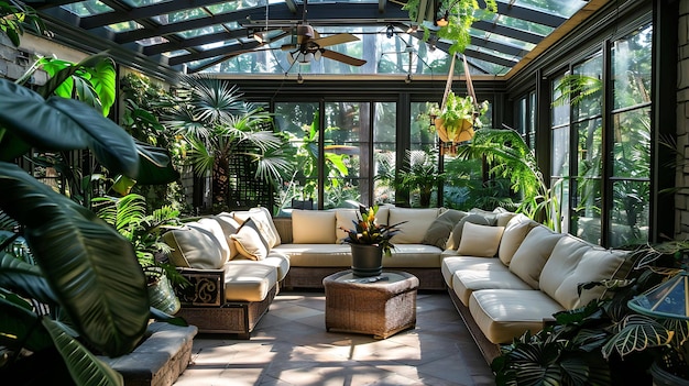 una habitación con un sofá y una mesa con plantas y una lámpara