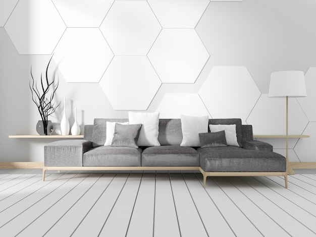 Habitación con sofá y pared de azulejos hexagonales blancos. Representación 3D