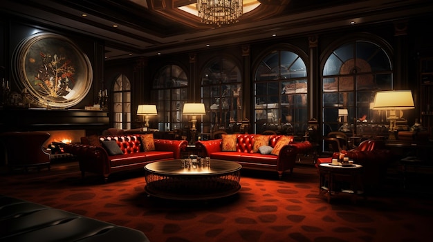 una habitación con un sofá rojo y una mesa redonda con una lustrera en la parte superior.