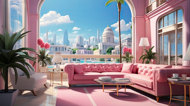 una habitación con un sofá rosa y una mesa de café.