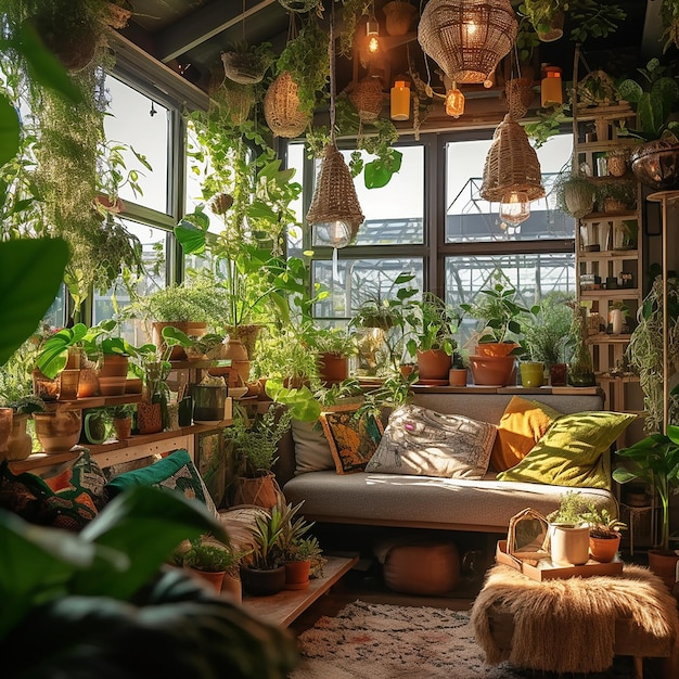 una habitación con un sofá, un sofá, una mesa y una ventana con plantas colgantes.