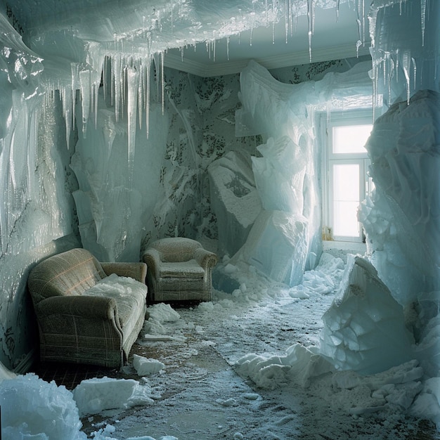 una habitación con un sofá y una ventana con hielo colgando de ella