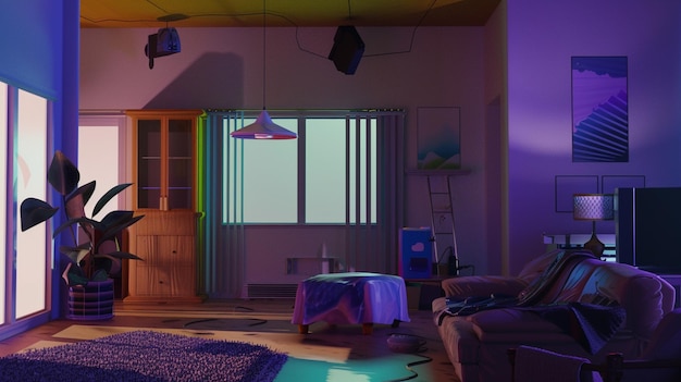 una habitación con un sofá y una ventana con una luz púrpura en ella