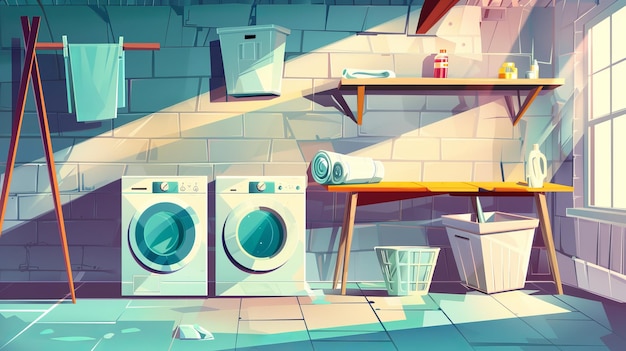 Habitación del sótano en una casa abandonada con equipos de lavandería rotos Ilustración de dibujos animados con lavadoras y secadoras rotas Tablas de planchar estanterías y cestas en mal estado