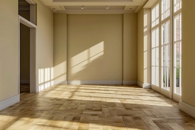 Una habitación con suelo de madera y grandes ventanas que permiten la entrada de la luz solar